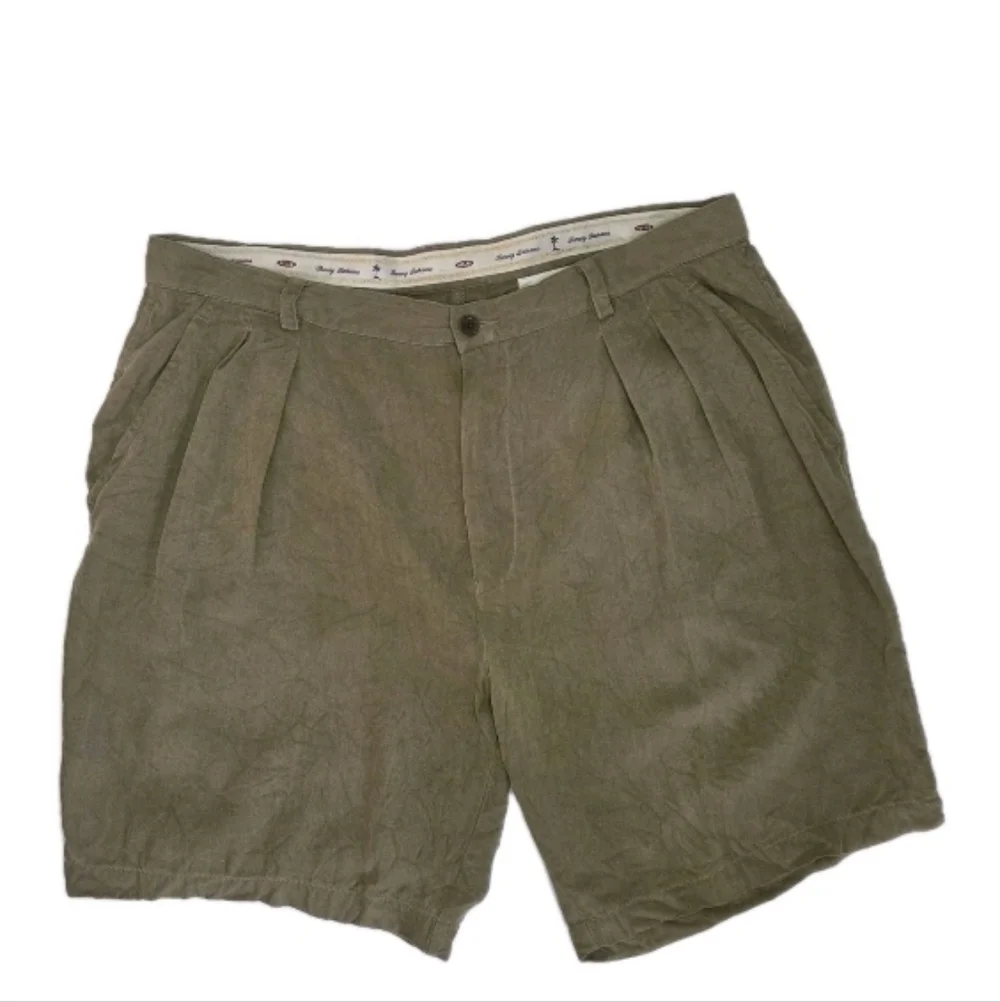 Tommy Bahama Mens Relax 100% Silk Pleated Shorts Size 38 Tan Logo Preppy Beach
